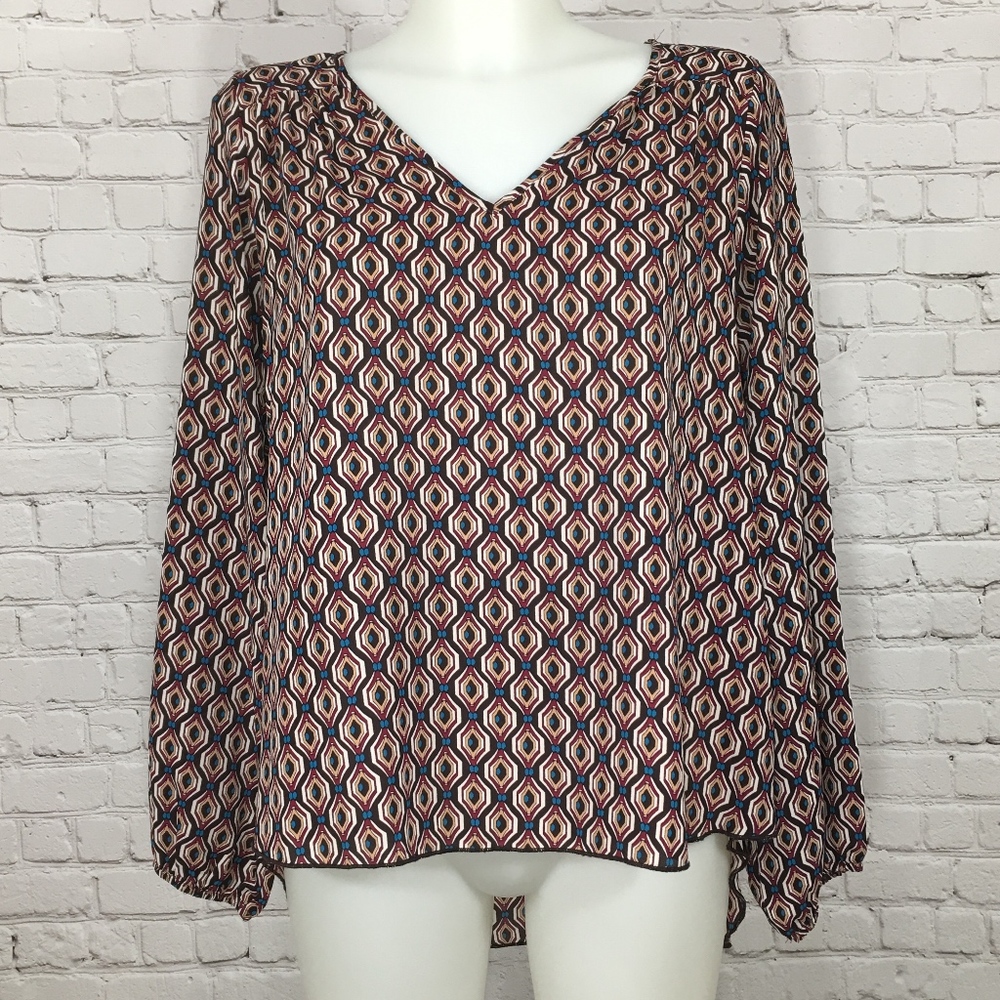 White Blue Burgundy V Neck Blouse